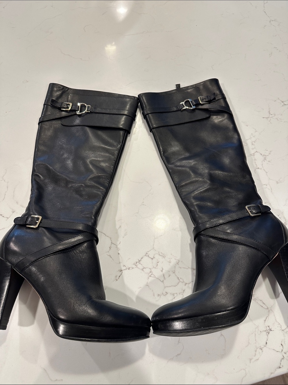 Black High-Heel Buckled Knee-High Boots